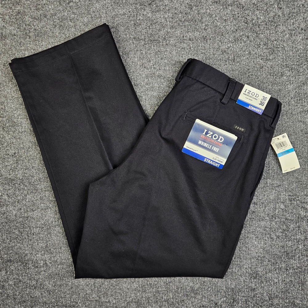 IZOD American Chino Pants Mens 36x30 Black Straight Fit Wrinkle Free Flat Front